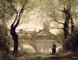 View of the Town and Cathedral of Mantes Through the Trees, Evening by Jean-Baptiste-Camille Corot