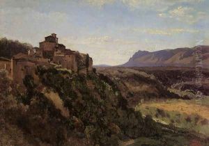 Papigno - Buildings Overlooking the Valley by Jean-Baptiste-Camille Corot