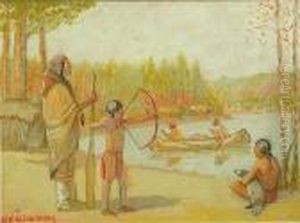 A Winnebago Father Teaching His Boy Toshoot by Edwin Willard Deming