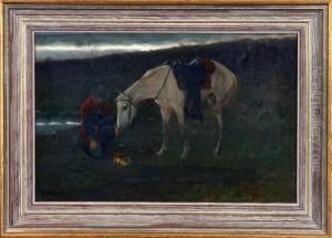 Military Officer Kneeling At Fire With Horse by Edwin Willard Deming