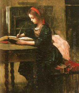 Fillette a l'etude, en train d'ecrire by Jean-Baptiste-Camille Corot