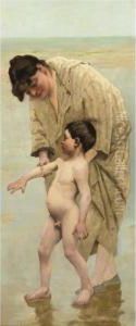 Mother And Child Taking A Bath At The Seashore by Virginie Demont-Breton