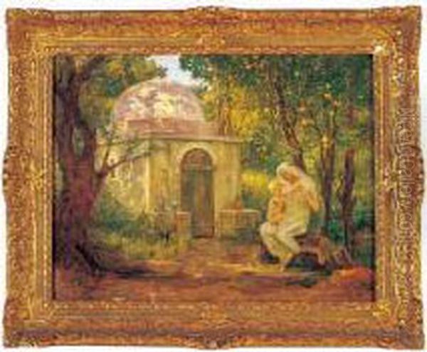 <femme Et Enfant Dans Un Jardin Sous Des Orangers Jouant Avec Une
Orange>. - view 1