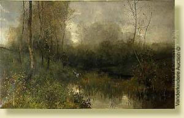 Chasseur Et Son Chien Dans Les Marecages Au Crepuscule - view 1