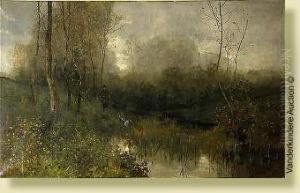 Chasseur Et Son Chien Dans Les Marecages Au Crepuscule by Gustave Den Duyts