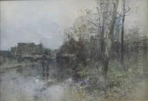 Figures On A Rainswept Road by Gustave Den Duyts
