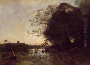 The Swamp by the Large Tree with a Goatherd by Jean-Baptiste-Camille Corot