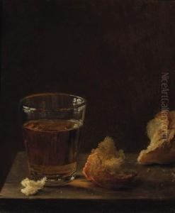 A Glass Of Beer And A Bread Roll On A Table; And A Glass Of Wine With Walnuts On A Table by Balthasar Denner