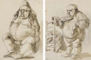 A Seated Man In A Hat; And The Same Man By A Chair Holding A Fan And A Handkerchief