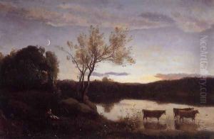 Pond with Three Cows and a Crescent Moon by Jean-Baptiste-Camille Corot