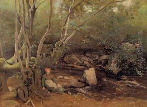 Lormes - Shepherdess Sitting under Trees beside a Stream by Jean-Baptiste-Camille Corot