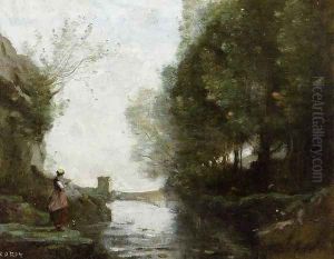 Le cours d'eau à la tour carrée (Watercourse leading to the square tower) by Jean-Baptiste-Camille Corot