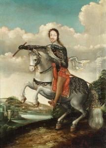 An Equestrian Portrait Of A Gentleman, Holding A Baton, A View To A Landscape Beyond