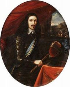 Portrait Of A Marshal, Small 
Three-quarter-length, In Armour, Holding A Baton Before A Curtain, A 
View To A Battle Beyond
