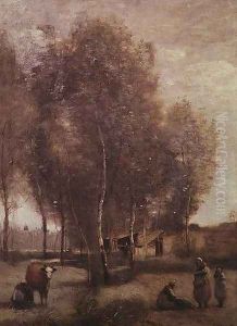 St.Catherine-les-Arras-Fields with trees and cottages by Jean-Baptiste-Camille Corot