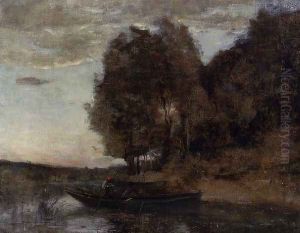 Fisherman Boating along a Wooded Landscape by Jean-Baptiste-Camille Corot