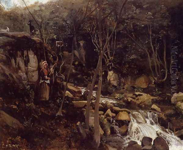 Lormes - A Waterfall with a Standing Peasant, Spinning Wool - view 1