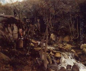 Lormes - A Waterfall with a Standing Peasant, Spinning Wool by Jean-Baptiste-Camille Corot