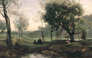 Sunset- Figures Under Trees