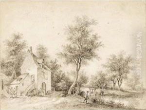Wooded River Landscape With A Mill And A Sluice by Aignan-Thomas Desfriches