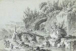 Un Paysage Montagneux Avec Une Riviere Et Des Promeneurs Traversant Un Pont