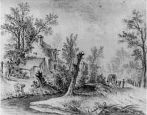 Maison Et Personnages Au Bord D'une Riviere