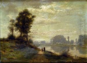 The Riverside Walk At Dusk by Charles-Felix-Edouard Deshayes