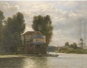 Barques De Pecheurs Sur Un Fleuve by Charles-Felix-Edouard Deshayes