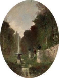 Pair Of Romantic Landscapes With Fountain And Windmill (oval Formal)
