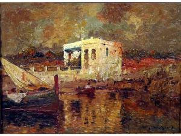 Paysage Orientaliste Huile Sur Panneausignee En Bas A Droite 26 X 35 - view 1