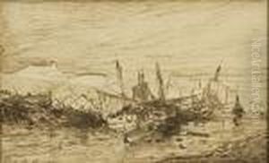 Boats By Shore by Eugene Francois Deshayes