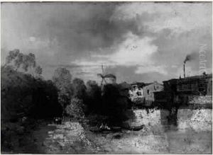 Moulin Au Bord De La Riviere. by Eugene Francois Deshayes