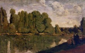 The Rhone - Three Women on the Riverbank Seated on a Tree Trunk by Jean-Baptiste-Camille Corot