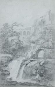 Ruines Antiques Dominant Une Cascade by Jean-baptiste Deshays