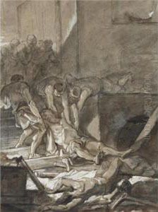 A Group Of Men Pulling A Corpse From A Mass Grave