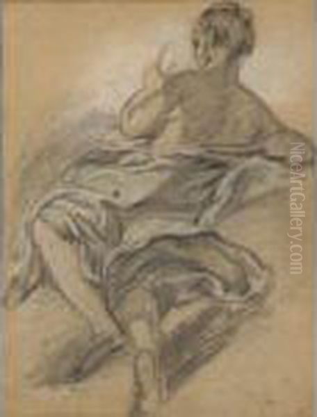 Figure Feminine Drapee, Vue De 
Dos Et Regardant Un Miroir [jean-baptiste Deshays Called Le Romain ; 
Draped Woman Looking At A Mirror ; Black Chalk, Charcoal, Heightened 
With White And Blue Chalks] - view 1