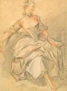 A Young Woman Seated, Full-length, Holding A Fan. by Jean-baptiste Deshays