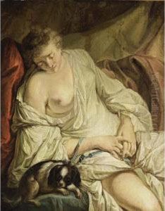 A Half-naked Lady Reclining Together With A Dog ('la Fidele Surveillante') by Jean-baptiste Deshays