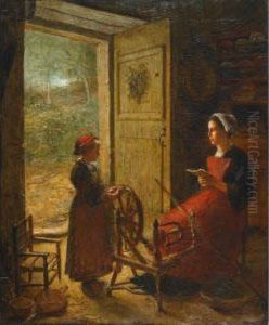 Breton Spinner And Young Girl In A Country Kitchen by Louis Marie Desire-Lucas