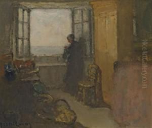 Bretonne Ravaudant Devant Une Fenetre Au Bord De La Mer by Louis Marie Desire-Lucas
