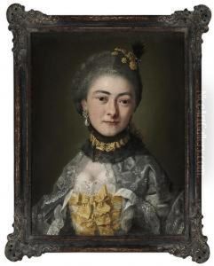 Portrait Of A Lady, Bust-length, In A Grey Dress With Yellow Trim,and Pearl Earrings