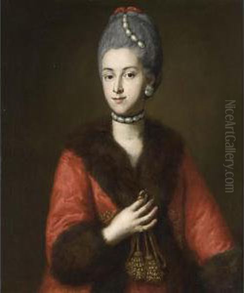 A Portrait Of Maria Anna Grafin 
Von Capris (1746-1818), Wearing A Red Coat With A Fur Trim And Mother Of
 Pearl Jewellery, Holding A Rope - view 1