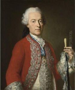 A Portrait Of Andreas Graf Von 
Capris (1717-1776), Standing Half-length, Wearing An Elaborate Red Coat 
And The Bavarian Order Of St. George