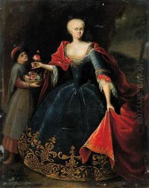 Portrait Of A Noblewoman, 
Standing Small Full Length, Wearing Agold Embroidered Blue Dress With 
Lace Chemise And Red Cape, Aservant Standing Nearby, Holding A Basket 
With Flowers, In Alandscape - view 1