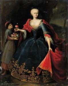Portrait Of A Noblewoman, 
Standing Small Full Length, Wearing Agold Embroidered Blue Dress With 
Lace Chemise And Red Cape, Aservant Standing Nearby, Holding A Basket 
With Flowers, In Alandscape
