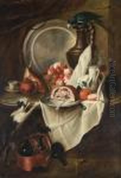 Nature Morte Aux Fruits Et Au Jambon Avec Un Chat Et Un Perroquet - view 1