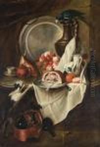 Nature Morte Aux Fruits Et Au Jambon Avec Un Chat Et Un Perroquet by Alexandre-Francois Desportes