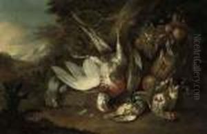 Dead Birds And Grapes, Plums,
Peaches And Strawberries In A Basket On A Ledge In A Landscape Dead Birds And Grapes, Plums,
Peaches And Strawberries In A Basket On A Ledge In A Landscape