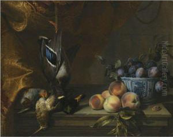 Still Life Of Plums In A Blue
And White Porcelain Bowl Togetherwith Peaches,a Partridge And A Woodcock
And A Hanging Mallard, Allon A Stone Ledge With A Red And Gold Brocade
Hanging To Theleft - view 1