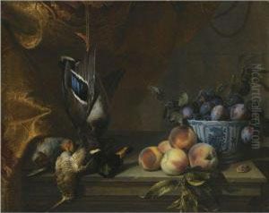 Still Life Of Plums In A Blue 
And White Porcelain Bowl Togetherwith Peaches,a Partridge And A Woodcock
 And A Hanging Mallard, Allon A Stone Ledge With A Red And Gold Brocade 
Hanging To Theleft